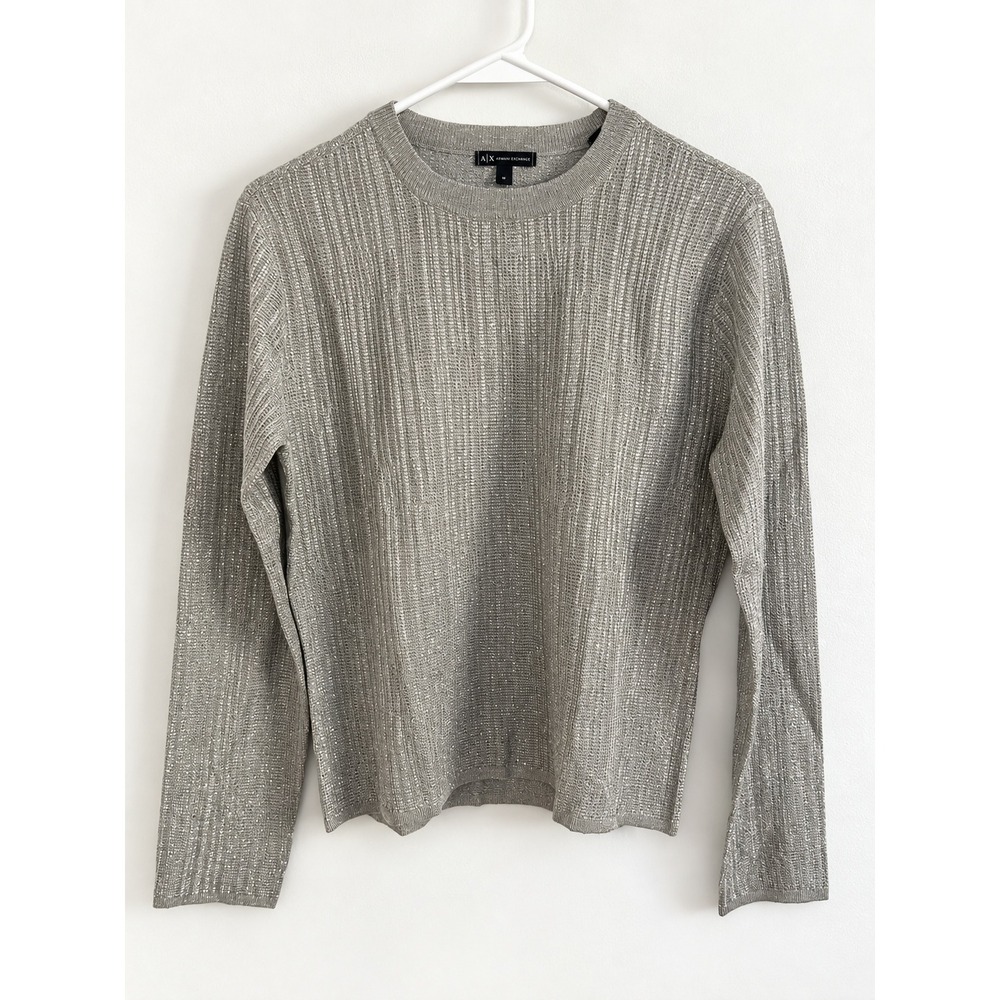Armani Exchange Womens Silver Metallic Lightweight Gray Ribbed Sweater Medium